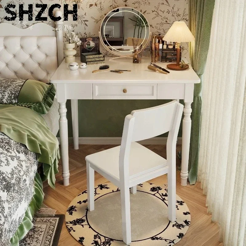 ‌French Vintage Makeup Desk - American Style Solid Wood Computer Table with Drawer Space-Saving Bedside Organizer