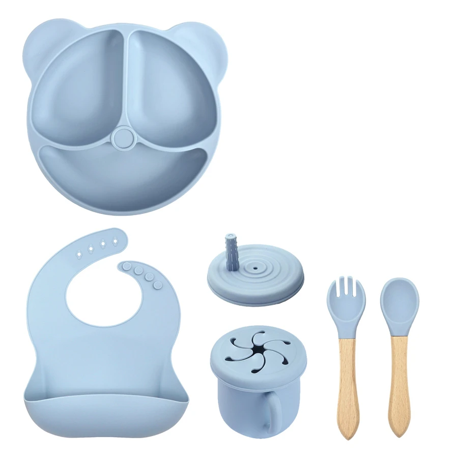 Детский костюм медведя, набор силиконовой посуды с присоской, разделенная тарелка для кормления, ложка, вилка, защита от падения, защита от опрокидывания
