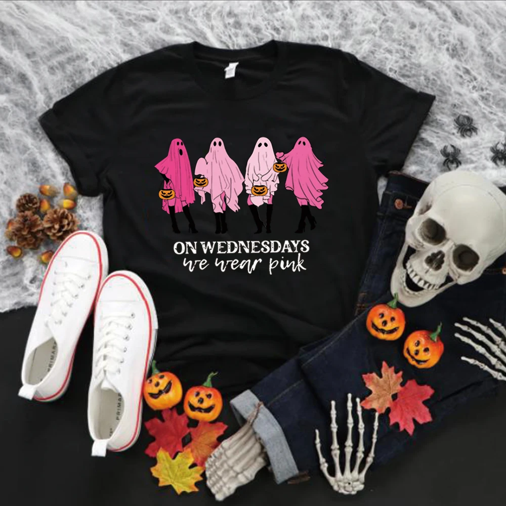 On Wednesday We Wear Pink Ghost T Shirt Mean Girls Ghost Tshirt Pink Ghost Tee Retro Halloween Tops Unisex Short Sleeve Shirts