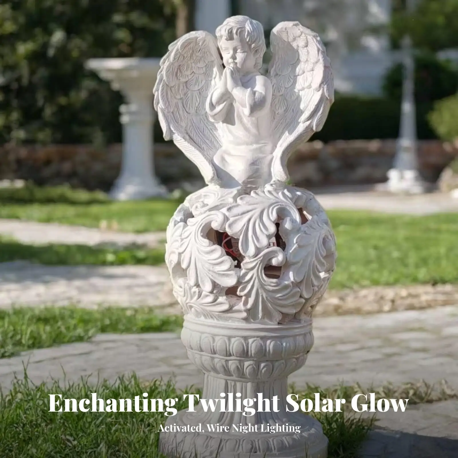 Classical Angel Statue Outdoor Decoration for Gardens Resin Figurine with Pedestal Base and Feather Details
