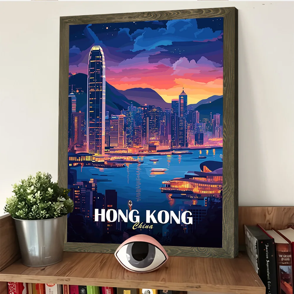 هونج كونج سيتي سكيب في الغسق ملصق مخصص مطبوعة قماش اللوحة للصور جدار الفن الديكور ديكور المنزل الحمام
