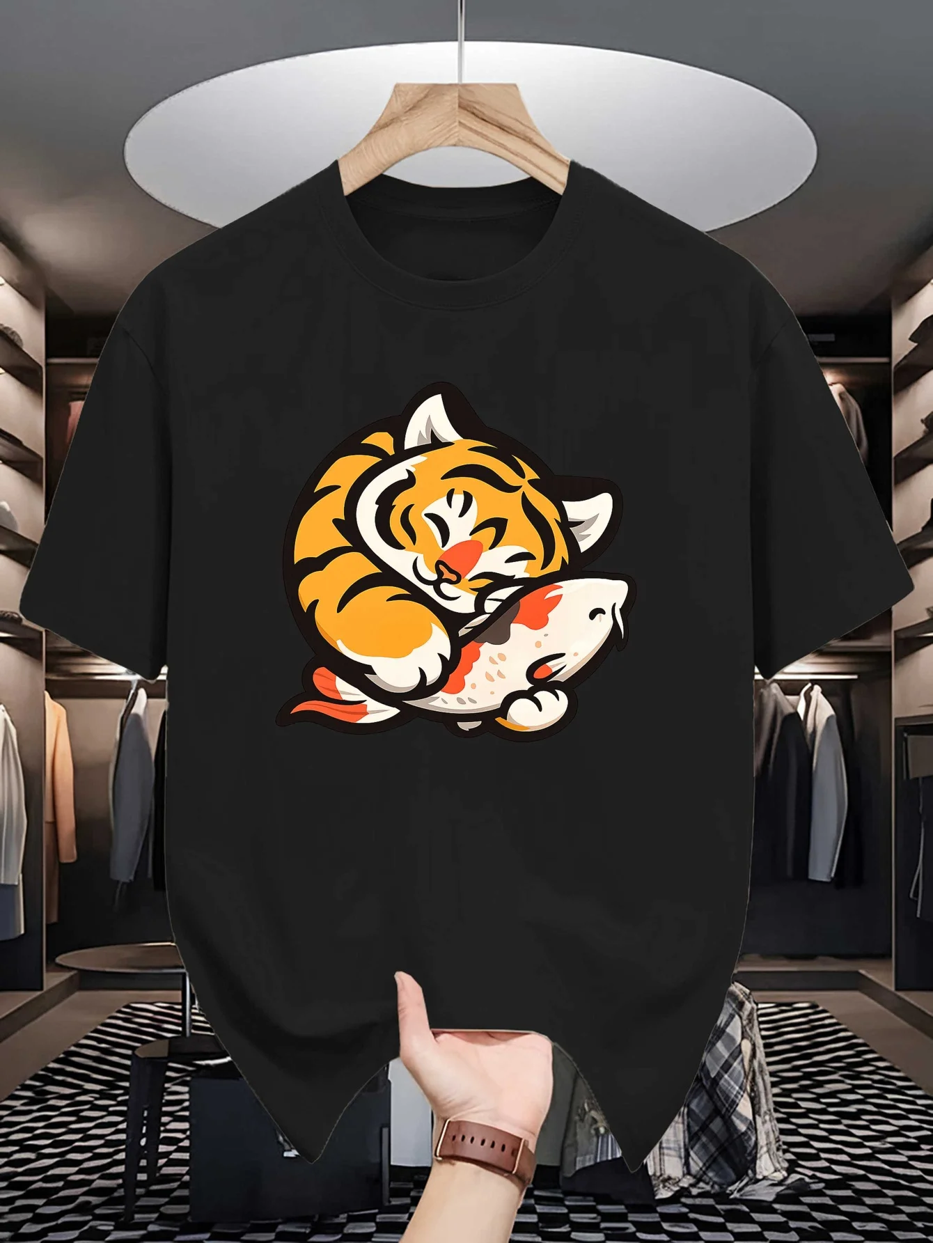 Mens Crew Neck T Shirt Adorable Tiger Cub Hug Koi Fish Lucky Cartoon Animal Graphic Short Sleeve Casual Cotton Street Tees