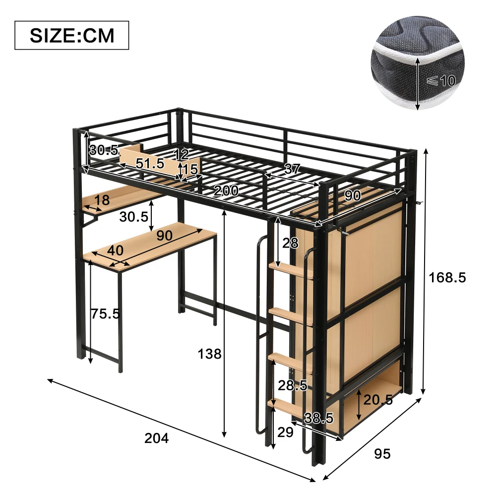PINGGO Schwarz & Naturfarbenes Eisen-Etagenbett 90x200cm mit Kleiderschrank, Treppe, Schreibtisch, Staufächern, Metall, MDF, ohne Matratze – Detail 6