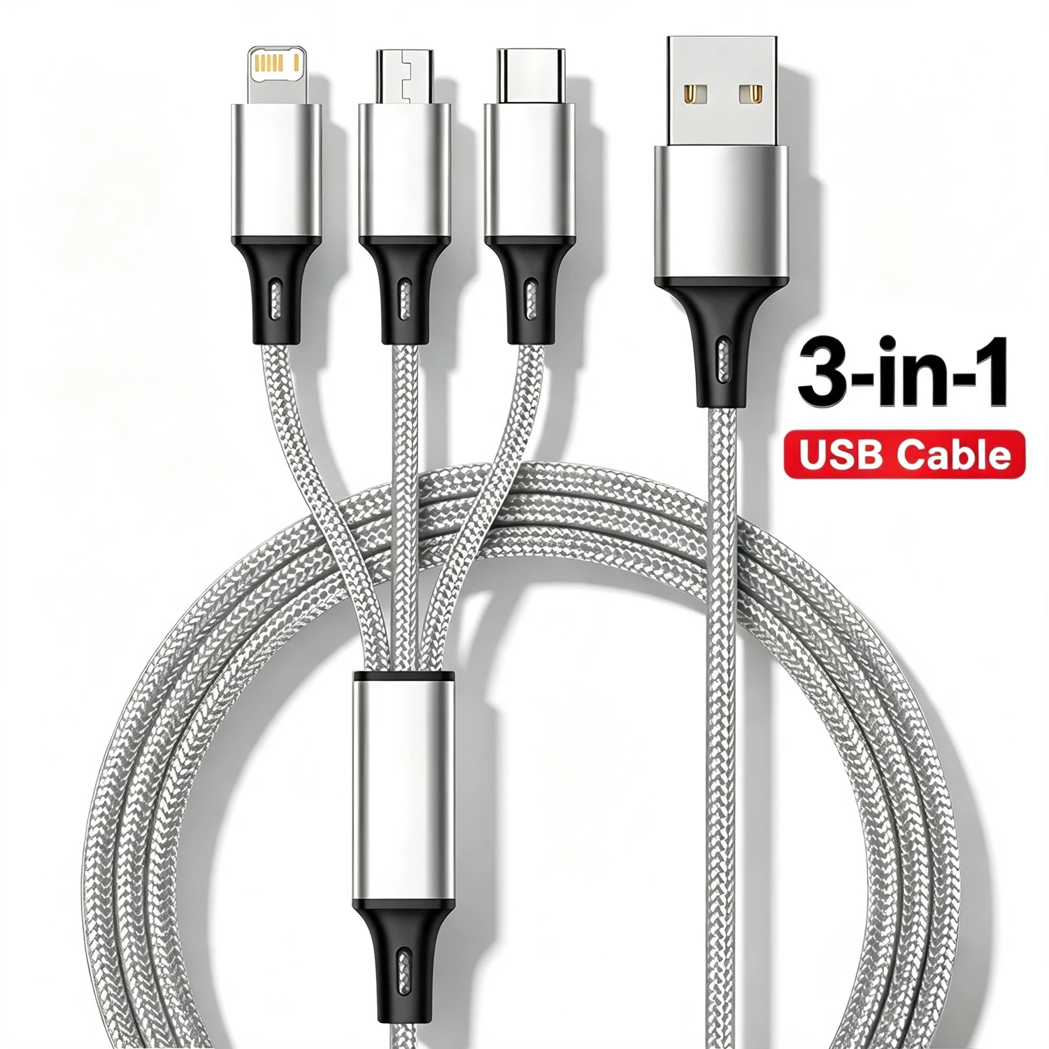3 in 1 Multi-Port Micro USB Type C Fast Charging Cable For iPhone Samsung Huawei Xiaomi Redmi Honor Nylon Braided Cord 1.2M