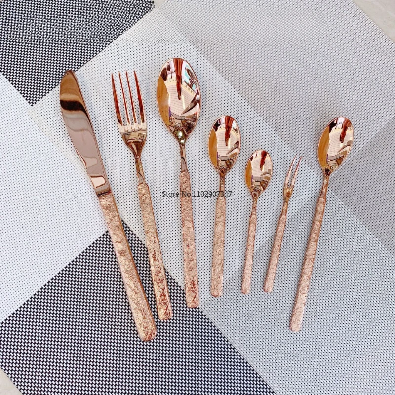 12PCS Rose Gold Tableware Western Food Knife and Fork  Plated Spoon Kit Stone Pattern Table   