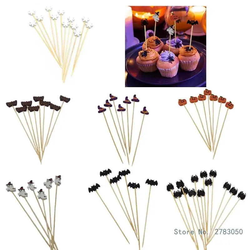 100Pcs Bat Spiders Pumpkin Toothpicks Wood Appetizer Skewers Sticks Food Pick for Halloween Holiday Party Food Fruit