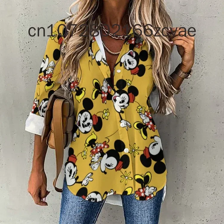 New Disney Mickey Minnie Women\'s Shirt Harajuku Slim Fit 3D Printed Button Long Sleeve Lapel Casual Cute Y2K Shirt