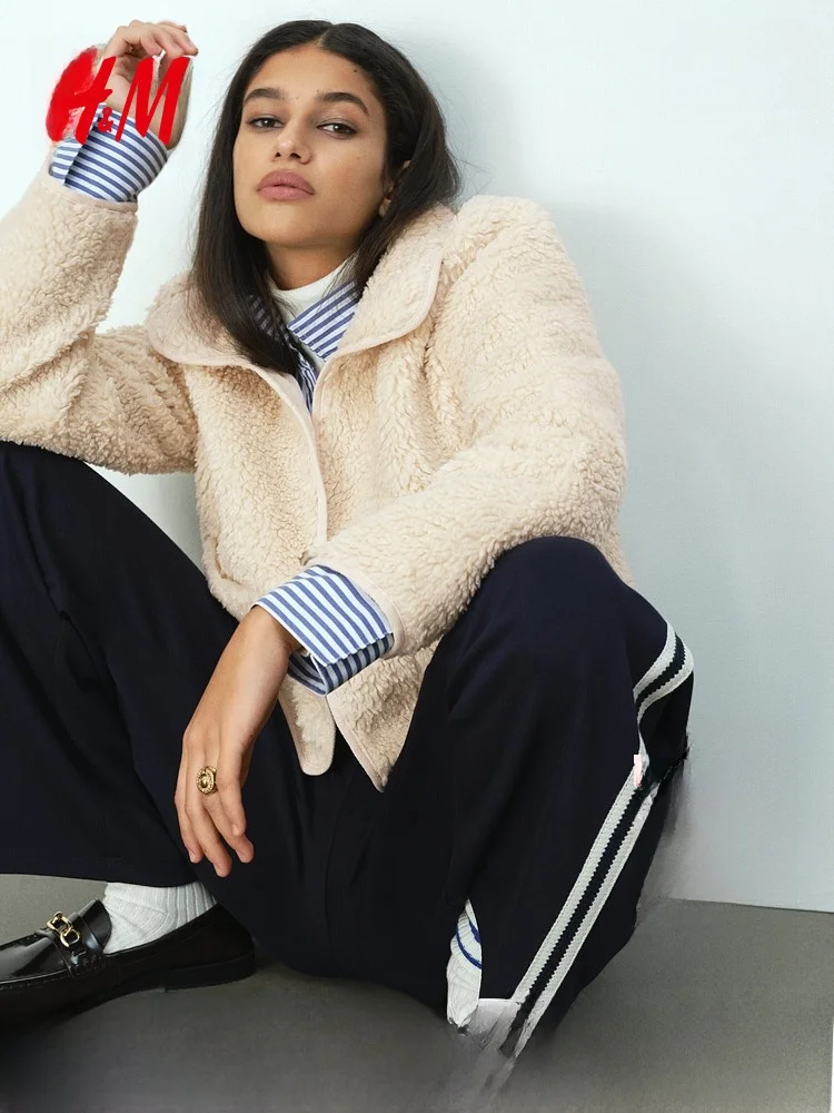 

H&M Зимнее женское плюшевое пальто с воротником, верхняя одежда из полиэфирного волокна, приталенный крой с кетами, универсальная длина ort