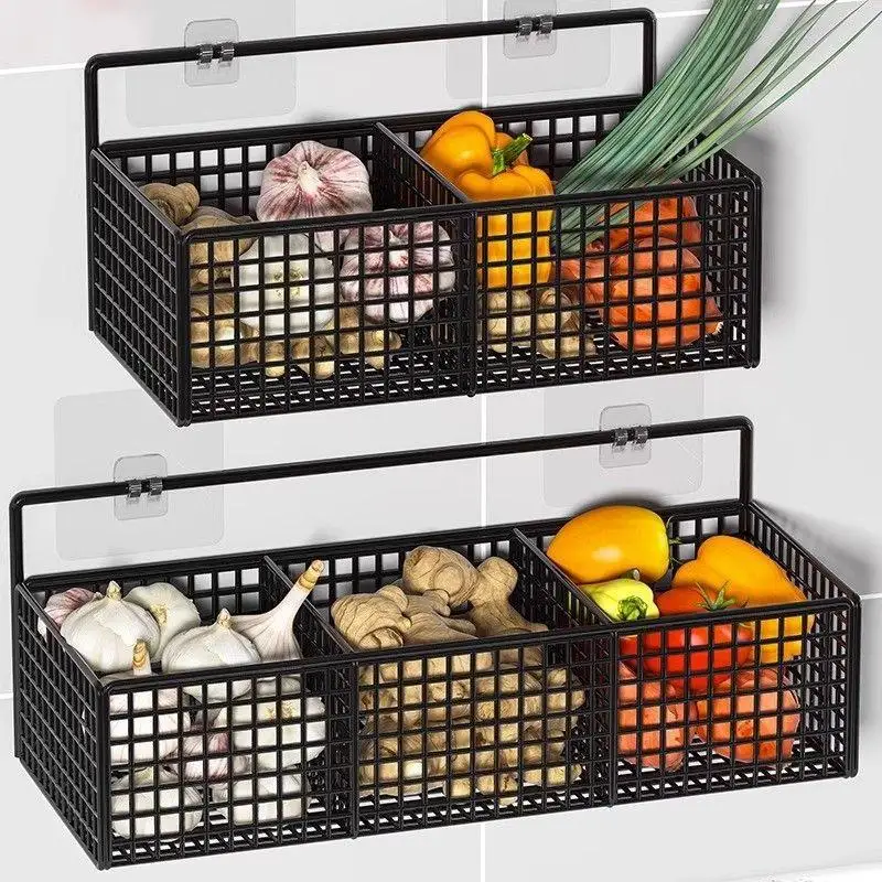 Vegetable Fruit Storage Rack Drain Basket Punch-Free 1/2/3 Grid Onion Ginger Garlic Kitchen Shelf Wall Hanging Condiments Spice