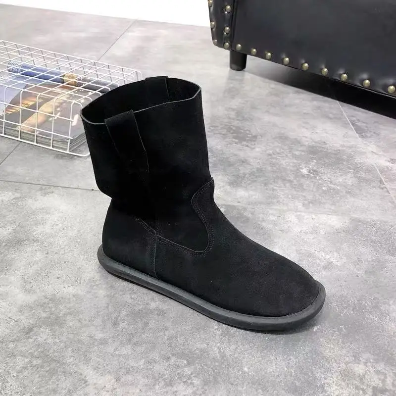 Careaymade-Women's Suede Boots Solid Color Ankle Boots Real Leather Round Toe Flat Heel Women Shoe Casual Western Cowboy Boots