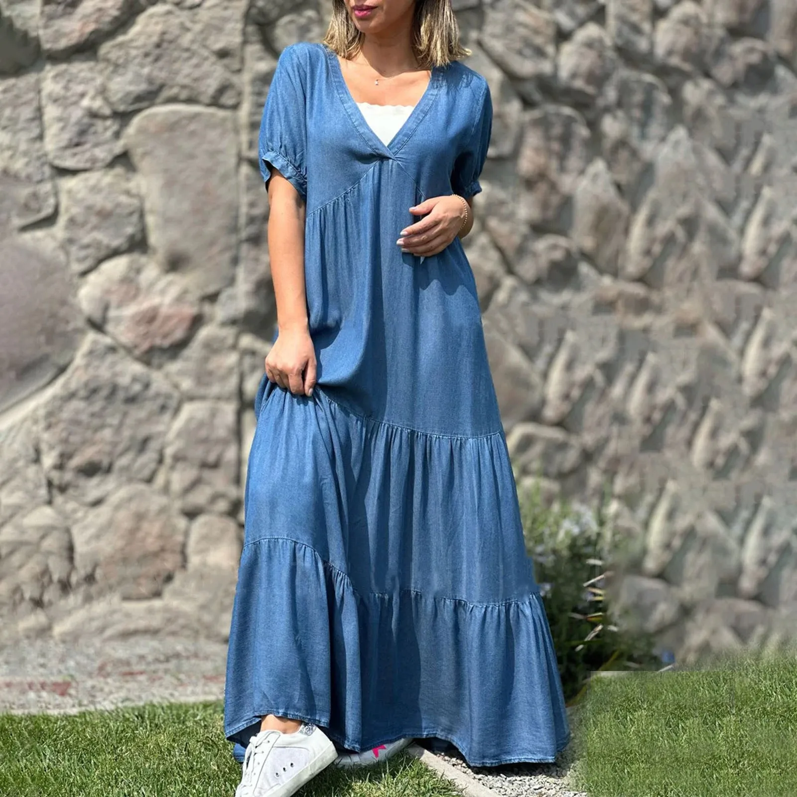 

Womens Fashion Casual Imitation Denim Summer Short Sleeve V Neck Solid Color Swing Dress Elegant Ruffles Pleated Soft Dresses