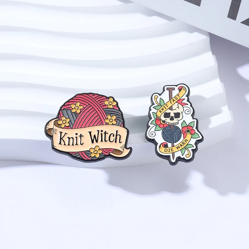 Knitting Witch Colorful Yarn Ball With Flowers Enamel Pins Vintage Punk Skull Knit Fast Die Warm Brooch Lapel Badge Jewelry Gift