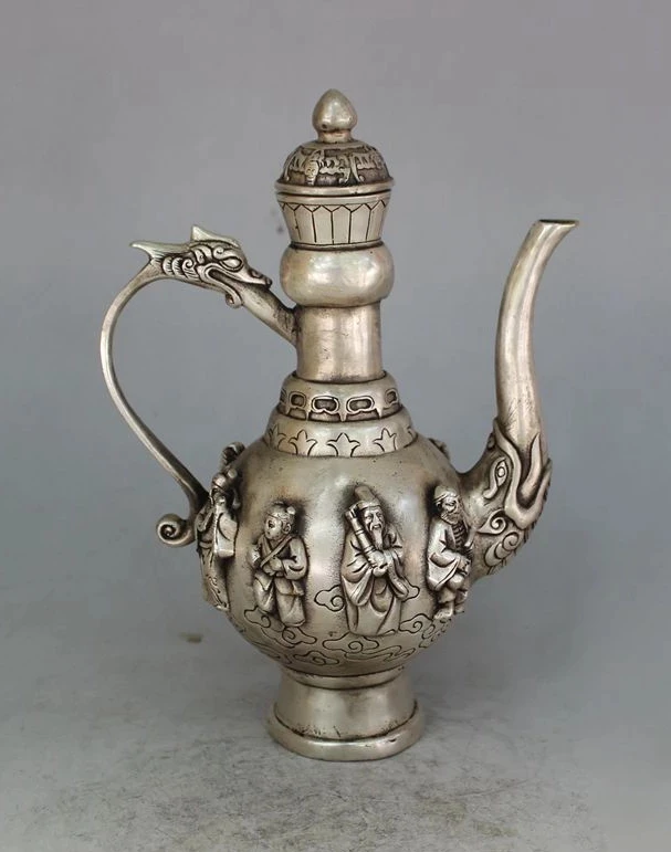 

Exquisite Chinese old White Copper Hand-carved Eight Immortal (in the legend) Teapot