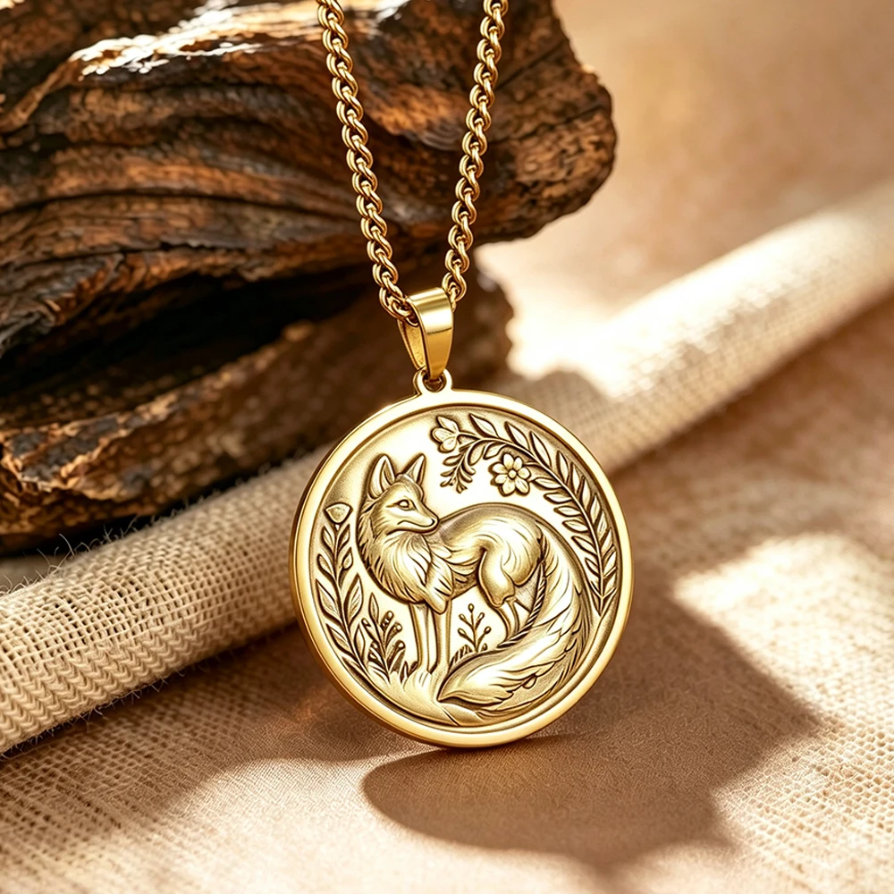 Fox Relief Medallion Necklace Vintage Brass Embossed Coin Pendant Stainless Steel Chain Retro Floral Fox Animal Jewelry Gift
