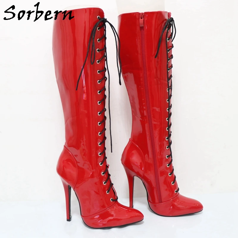 Sorbern Red Shiny 14cm Stilettos High Heel Unisex Boots Pointy Toes Zip Up Customized Shaft Length Cosplay Shoes For Sissy Boys