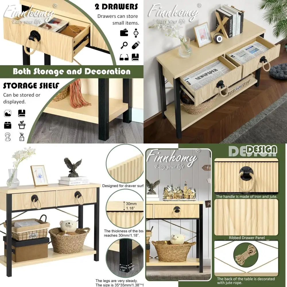 

Natural & Black Entryway Table: Drawers, Shelf, Console, and Jute Handle for Hallway & Living Room