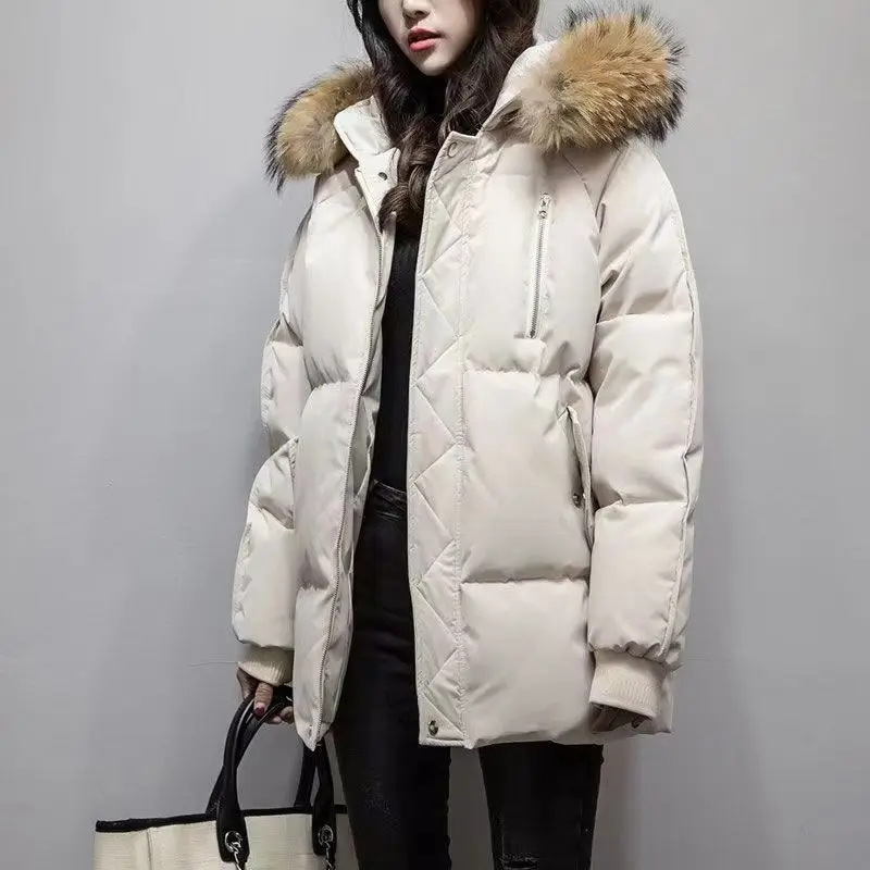 2024 New Real Raccoon Fur Collar Women\'s Parka Jacket Fashion Hooded Jacket Loose Thick keep Style Elegant Woman Top