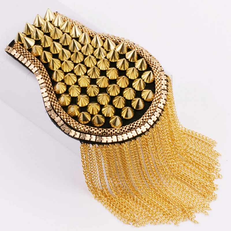 Vintage PUNK cool big gold silver black spike rivet tassel epaulet