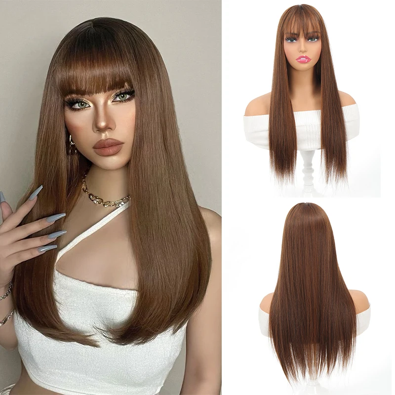 Clip in Synthetic Hair Topper with Bangs for Women Long Straight Invisible Clourse Hair Pieces for Thinning Hair 24 Inch