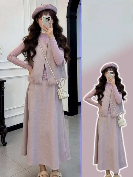 

plus Size Women's Gentle Sle Vest Top Layered Wear f Skirt Tee-Piece Set Spring High Waist Warm Long Sve round Ne