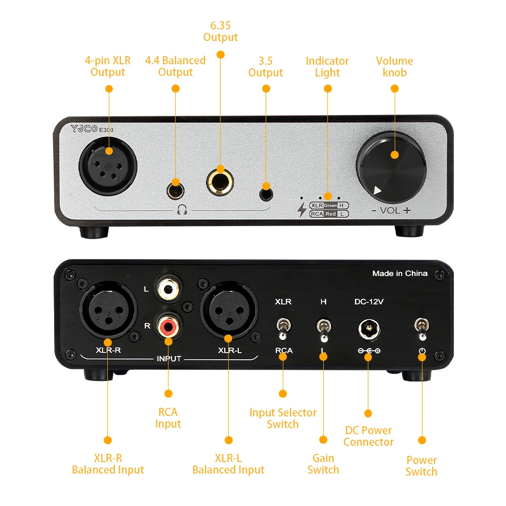 YJCO E300 HiFi Headphone Amplifier TPA6120A2 JRC5532DD Desktop Balanced Headphone Amp XLR 4.4mm 6.35mm 3.5mm RCA Input DC 12V