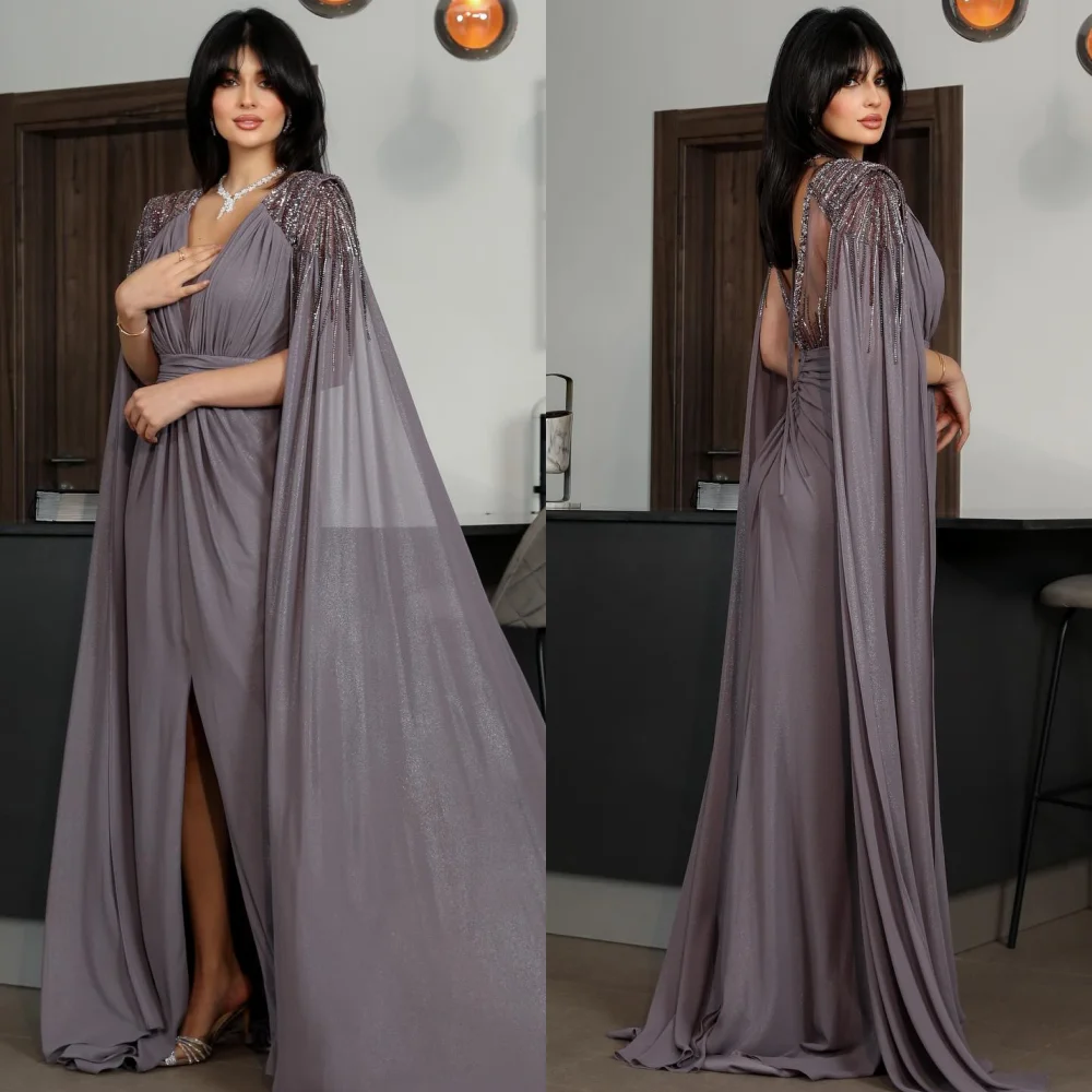 Exquisite High Quality Sparkle Jersey Draped Beading Evening A-line V-neck Bespoke Occasion Gown Long Dresses