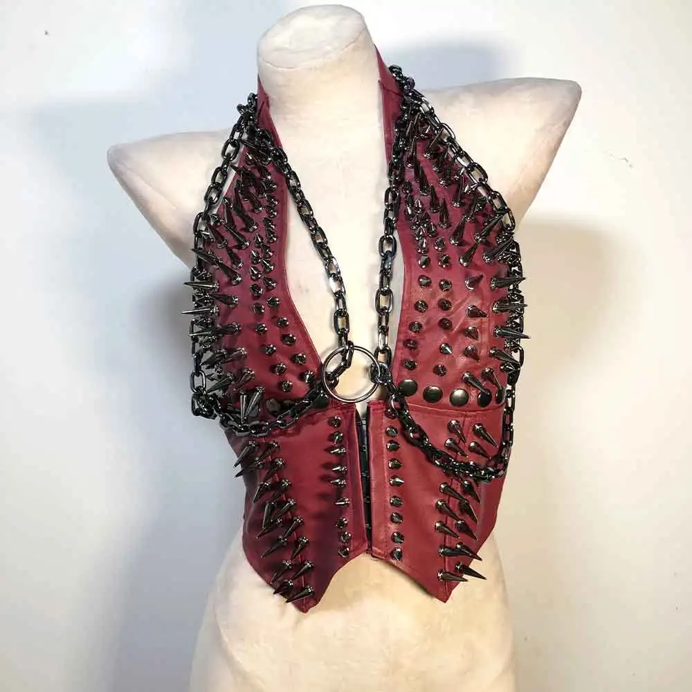 Goth Tops Gothic Tank Grunge Punk Rock Clothes Spiked Rave Emo Clothing Y2K Festival Chain PU leather Black Spike