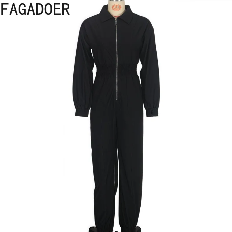 FAGADOER Jumpsuit Ritsleting Depan Saku Kasual Romper Bodycon Tambal Sulam Ruched Lengan Panjang Wanita Overall Pakaian Jalanan Wanita Baru