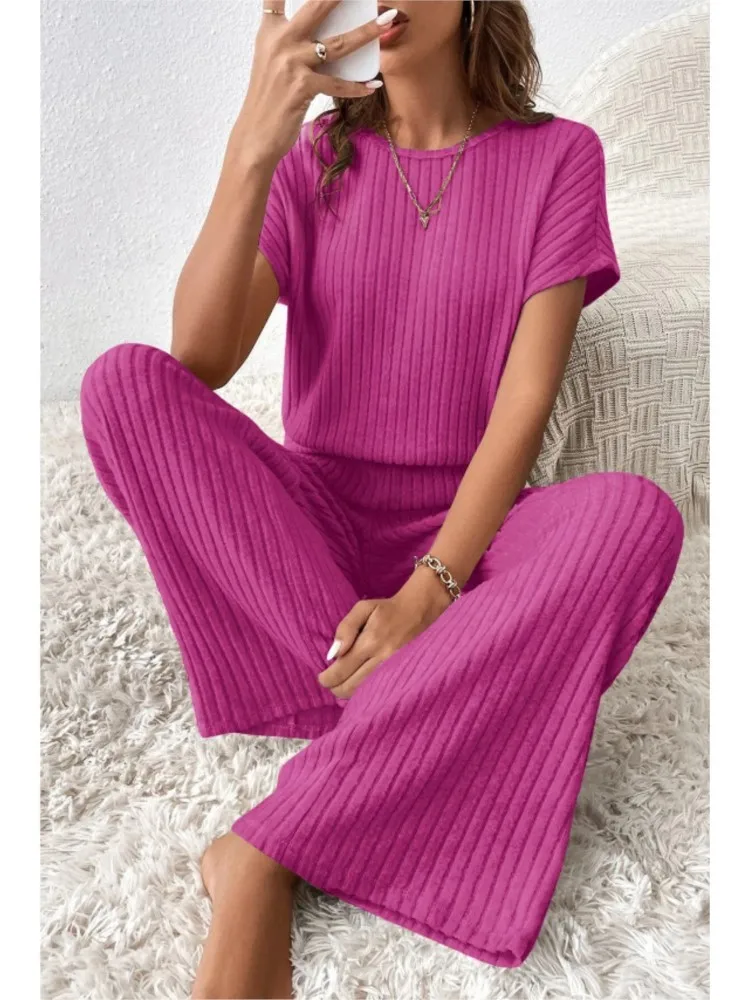 Simple Style Rib Knit Long Pants Suit Women Casual Short Sleeve T-shirt & Loose Trousers 2 Piece Sets Summer Autumn Women Set