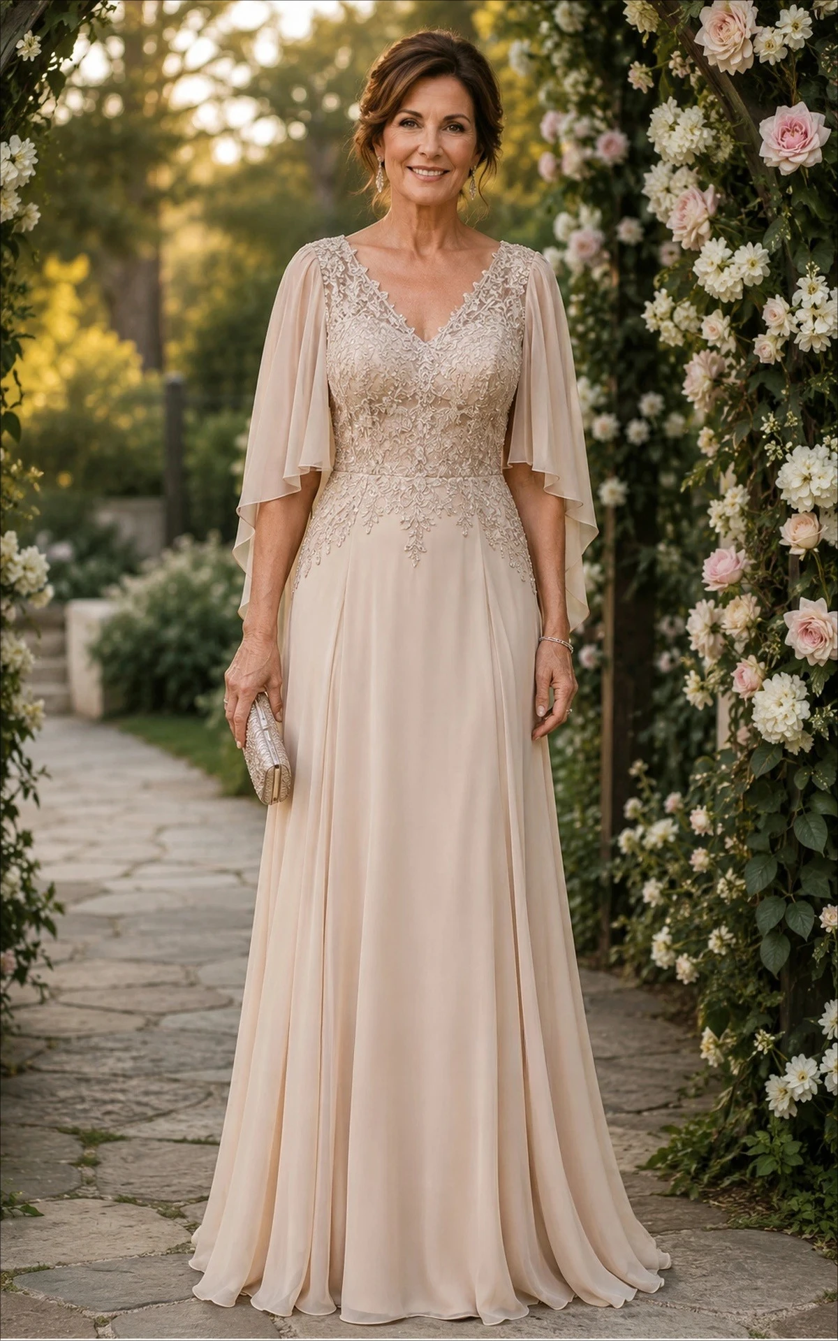 Customized Nude V Neck Mother of Bride Maxi Dress Lace Bodice Flutter Cape Sleeve Ruched Chiffon Formal Wedding Gown