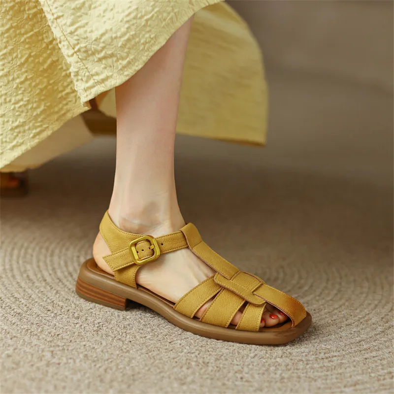 2023 New Summer Sandals Split Leather Low Heels Woman Shoes Chunky Heel Square Toe Sandals Shoes Handmade Casual Women Pumps