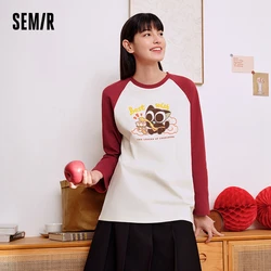 Semir t-shirt manica lunga donna sciolto contrasto colore 2024 nuova primavera capodanno rosso Innerwear Top in puro cotone