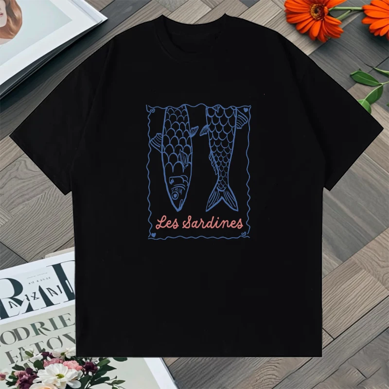 

Trendy Sardines Graphic printed Oversized t-shirt Summer 100% Cotton Men Women short sleeve T-shirts Unisex O-Neck harajuku Tops