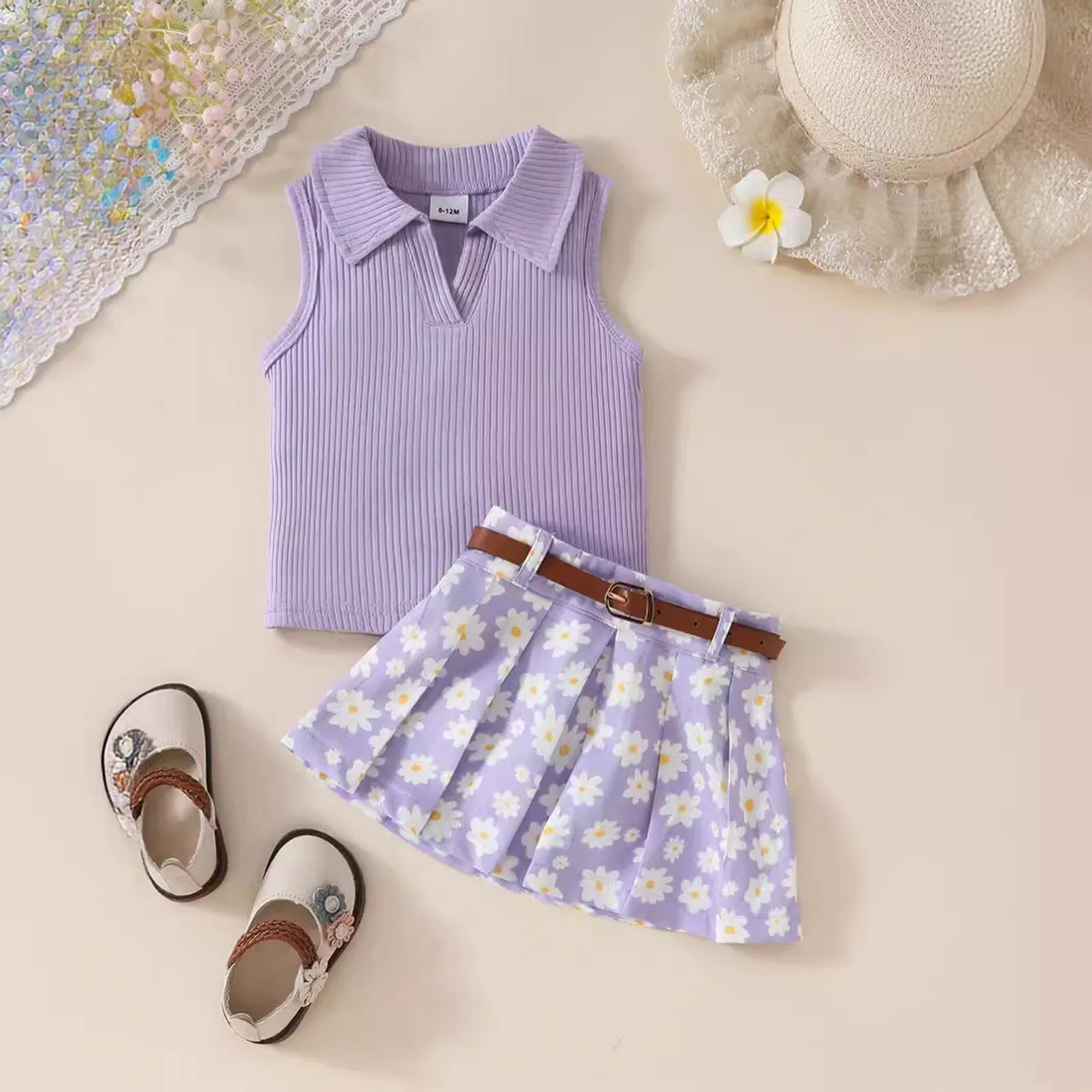 0-4Y Toddler Kids Girls Summer Clothes Sets 2pcs Solid Purple Ribbed Sleeveless Tank Sunflowers Print Pleated Skirt with Belt