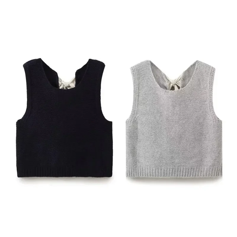 TRAF ZR Knitted Vest Winter Ladies Tops Sleeveless Waistcoat Women Basics Bow Vests Women\'s Fashion Vests Vintage Cold Vest