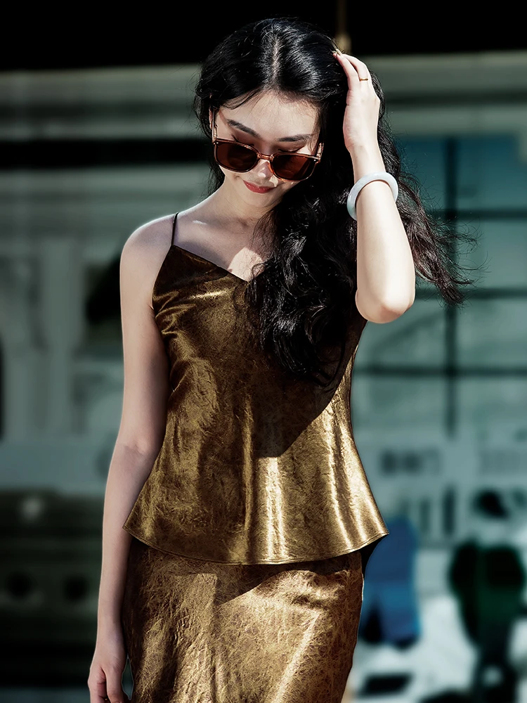 New Chinese Style Acetate Gold Plated Crack Pattern Small Strap Vest No Ironing Required Promotional Offer Women's Summer Fas...