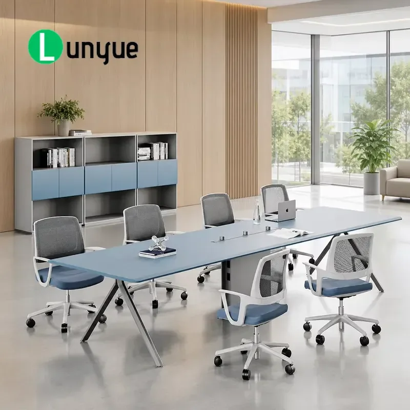 Modern Rectangular Conference Table with Cable Management and Power Socket Steel Frame for 10 People Meeting Room Office Use