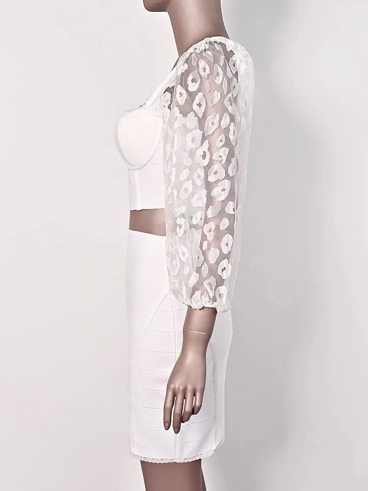 Lange mouwen mini sexy lange rok set mouwen mooie witte luipaardprint vrouwen bandage set bodycon tops slanke elastische roksets