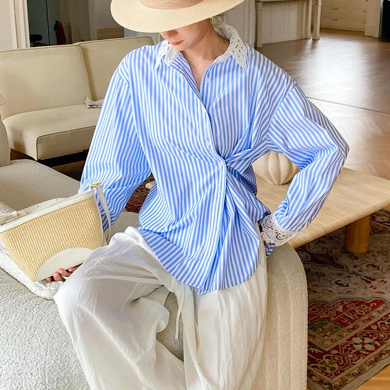 

Women Blue Striped Cotton Shirt with Lace Collar & Cuffs Long Sleeve Elegant Button-Down Blouse Asymmetrical Front Design