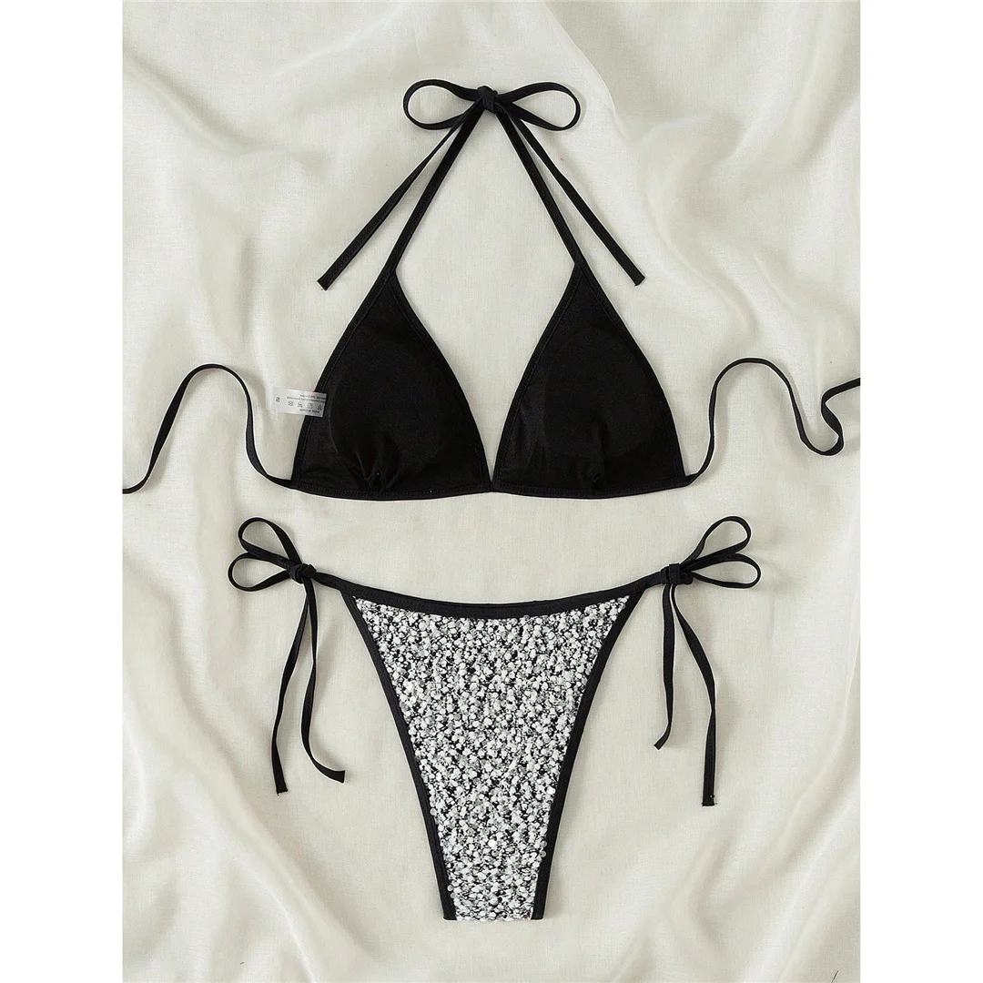 S - XL Glänzender, funkelnder Neckholder-Bikini, Damen-Badebekleidung, zweiteiliger Bikini-Set, Badeanzug mit Trägern, Badeanzug, Schwimmbekleidung V7523 – Detail 8