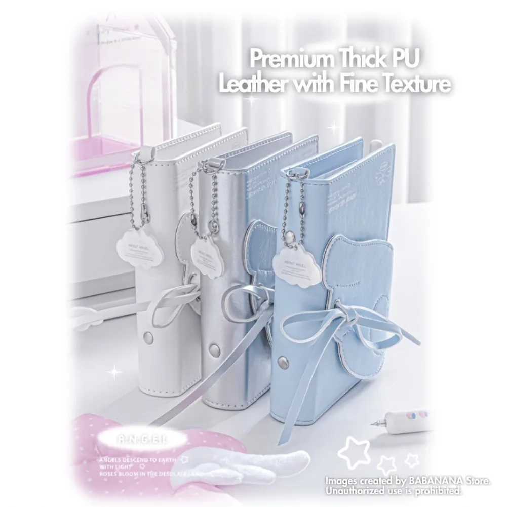Kawaii Angel Wings Notebook A7 Leather 3 Fold Binder Journal Elastic Closure Loose Leaf Sketchbook Multi Pocket Storage Planner - view 4