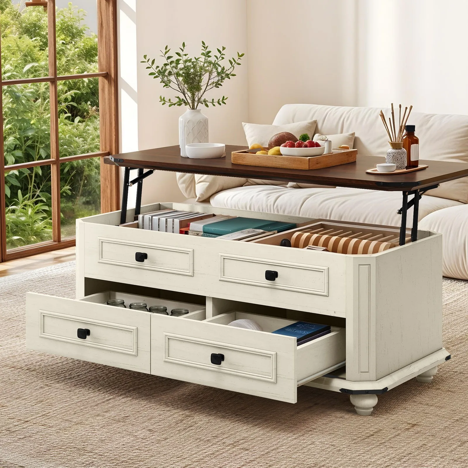 

Lift Top Coffee Table w/2 Drawers Farmhouse Dining Center Table for Living Room