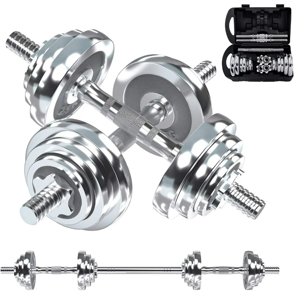 Fitness Dumbbells Set, Adjustable Weight Sets up to 44Lbs, with Metal Connecting Rod Used As Barbell, Chromed Weights