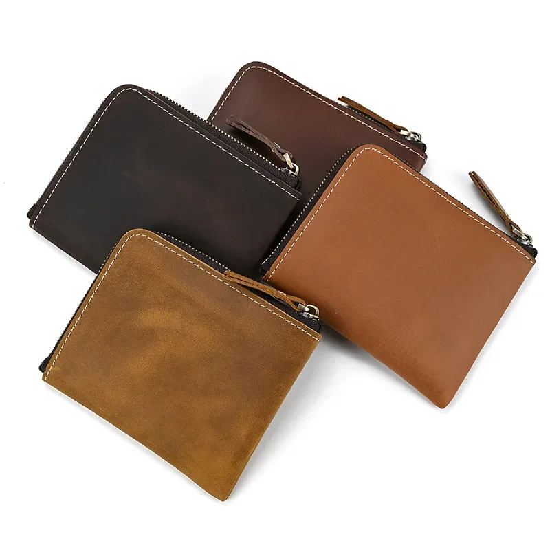 Slim Coin Purse Genuine Leather Small Zipper Around Coin Wallet Durable Leather Coin Pouch For Men and Women