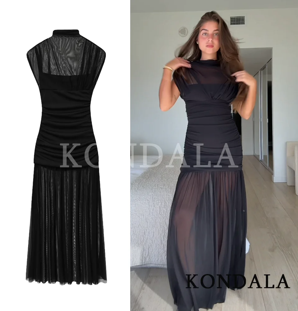 KONDALA Women Elegant Chic Mesh Tulle Long Dress Sleeveless Fitted Dress For Female 2025 Fashion Sexy Romantic Party Lady Dress