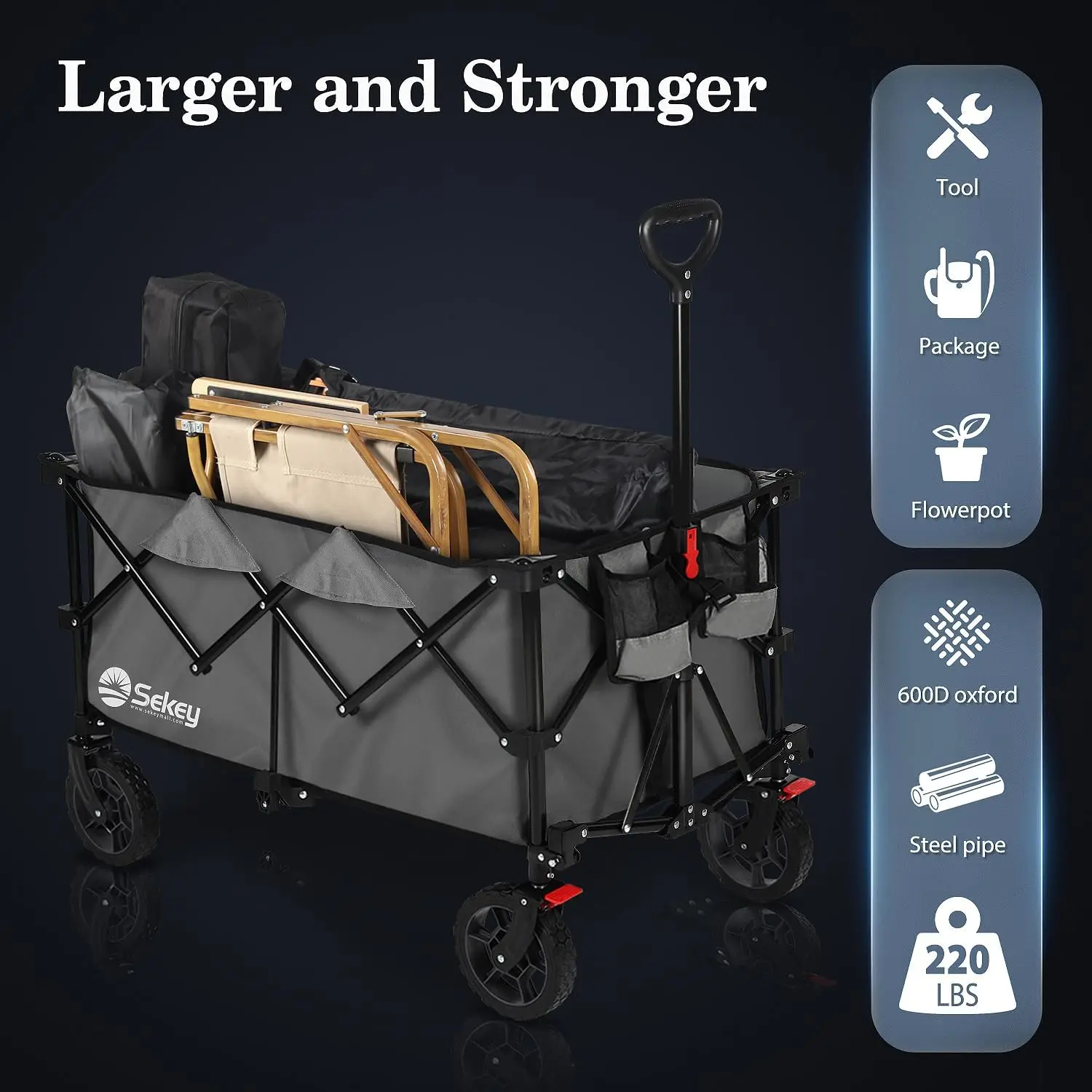 Sekey 220L Collapsible Foldable Wagon With 330Lbs Weight Capacity, Heavy Duty Folding Wagon Cart With Big All-Terrain Wheels &