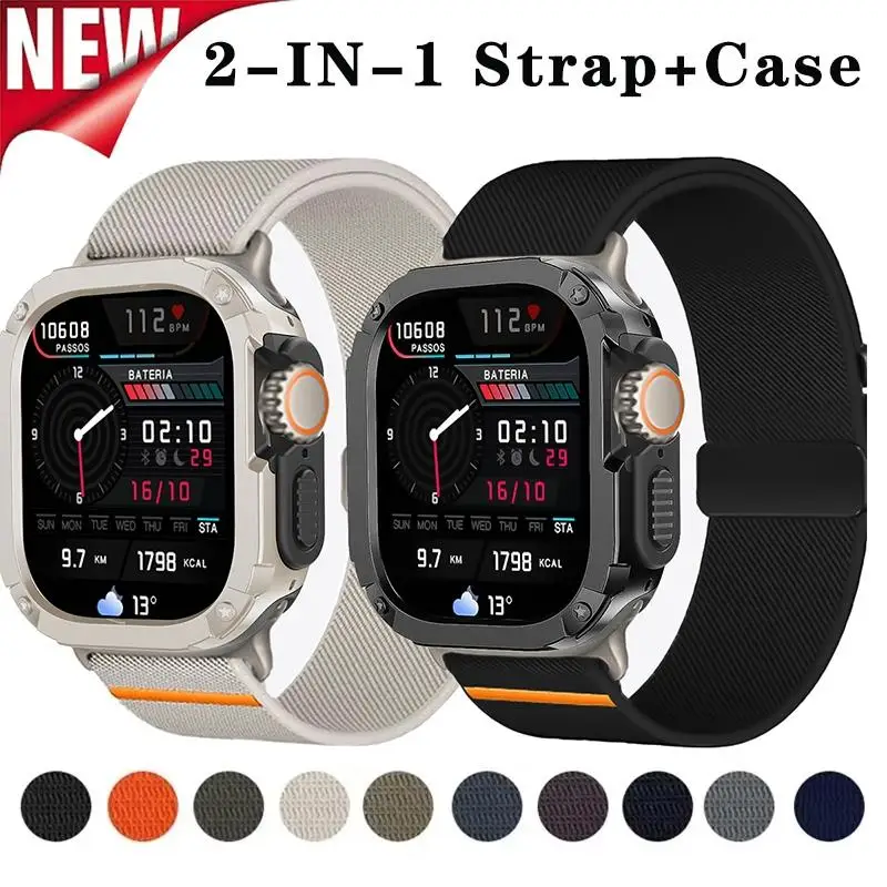 애플워치 울트라 밴드 49mm 10 9 8 7 45 46mm용 2 in 1 케이스+스트랩, 아머 보호 케이스 나일론 브레이슬릿 (아이워치 시리즈6 SE543 호환)
