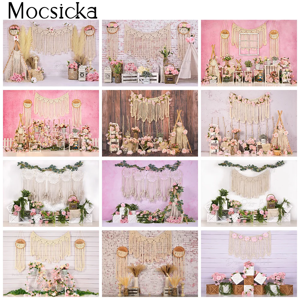 Bohemia Kids Cake Smash Backdrop Boho Style Flowers Garden Portrait Background Baby Birthday Art Photography Studio Photocall