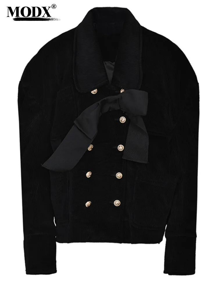 

[MODX] Black Corduroy Bow Big Size Jacket Loose New Lapel Long Sleeve Women Coat Fashion Tide Spring Autumn 2024