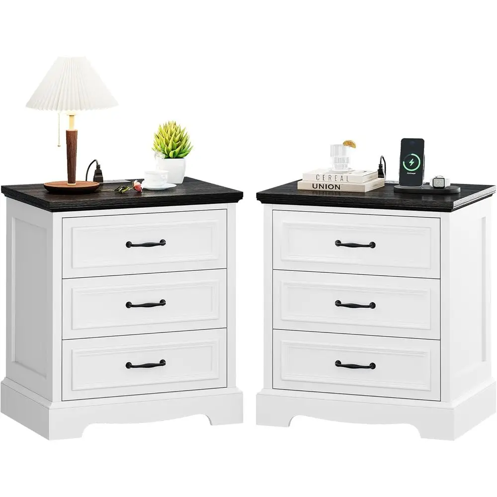 

2-Piece Wooden Nightstand Set with Drawers and Charging Station for Bedroom Storage